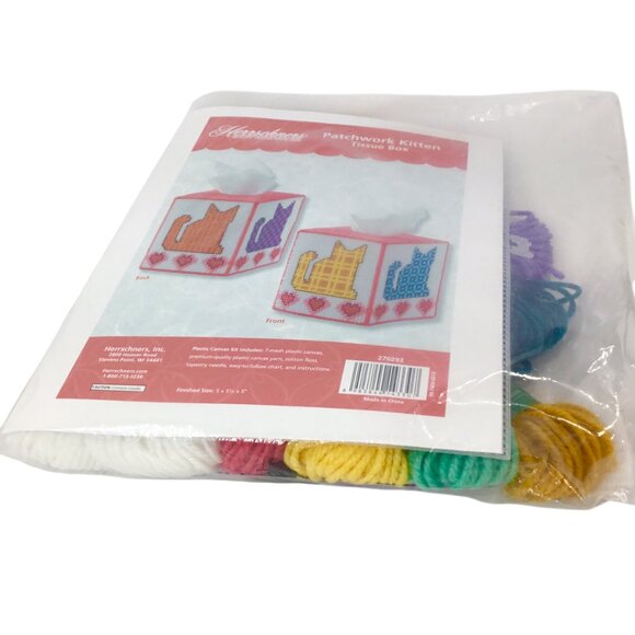 Patchwork Kitten Tissue Box Plastic Canvas Kit Herrschners NIP 270293 Cat Cats - Picture 3 of 7